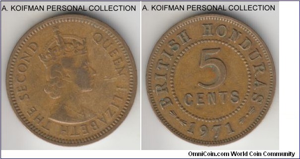 KM-31, 1971 British Honduras 5 cents; aluminum-bronze, plain edge; one of the larger Elizabeth II mintage years, circulated, good very fine.
