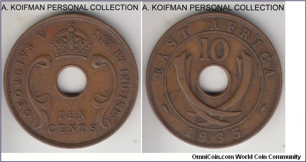 KM-19, 1935 East Africa 10 cents; bronze, plain edge; late George V, brown good very fine to extra fine.