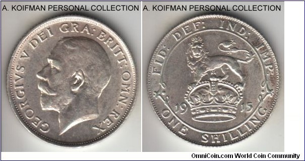 KM-816, 1915 Great Britain shilling; silver, reeded edge;  earlier George V in sterling silver, bright white almost uncirculated.