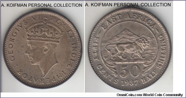 KM-27, 1937 East Africa 50 cents, Heaton mint (H mint mark); silver, reeded edge; first year of the only George VI East Africa silver issue beside shilling, uncirculated for wear, but toned with some contact toning in places.