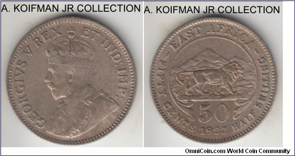 KM-20, 1922 East Africa 50 cents, Royal Mint (no mint mark); silver, reeded edge; George V, good very fine.