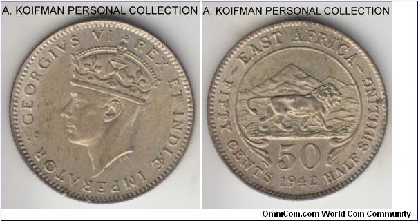 KM-27, 1942 East Africa 50 cents, Heaton mint (H mint mark); silver, reeded edge;  George VI toned about uncirculated or better, uncommon condition.