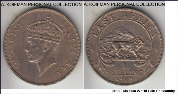 KM-31, 1949 East Africa shilling; copper-nickel, reeded edge; George VI, quite common type and year, extra fine details, cleaned and edge grazing.