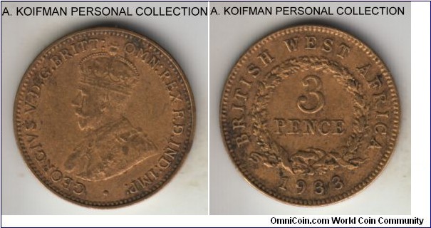 KM-10b, 1933 British West Africa 3 pence, Royal Mint; tin-brass, plain edge; George V, decent grade for the type, close to extra fine.