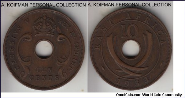 KM-19, 1933 East Africa 10 cents; bronze, plain edge; late George V, brown very fine.