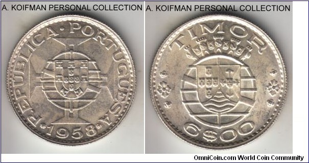 KM-15, 1958 Portuguese Timor (Colony) 6 escudos; silver, reeded edge; uncommon issue and a one year type, good uncirculated.