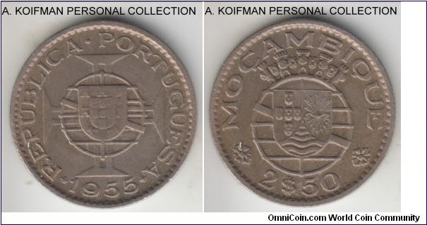 KM-78, 1955 Portuguese Mozambique (Colony) 2.5 escudos; copper-nickel, reeded edge; average mintage, decent circulated grade and deeper toning on this coin because it was previously lacquered.