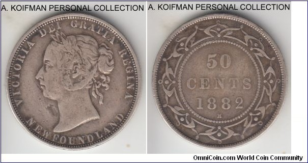 KM-6, 1882 Newfoundland 50 cents, Heaton mint (H mint mark); silver, reeded edge; one opf the larger Victoria mintage years, fine or almost, a dig on obverse, nice toning and strong no problem rims.