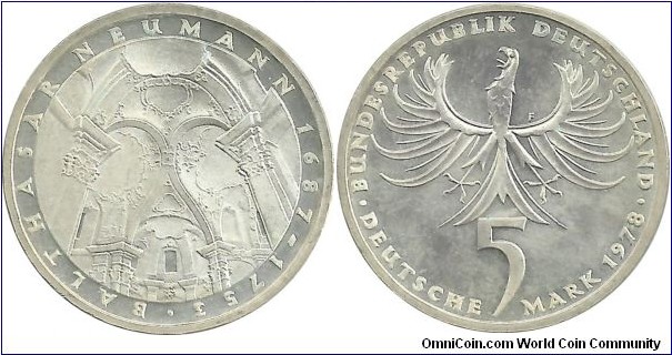 Germany-West 5 DeutscheMark 1978F-225th Ann, Death of Balthasar Neumann-