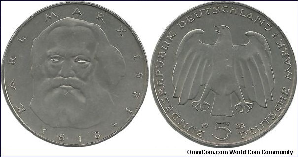 Germany-West 5 DeutscheMark 1983J-100th Ann, Birth of Karl Marx-