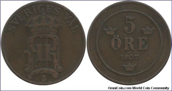 Sweden 5 Öre 1907 - SVERIGES VÄL (Oscar II King of Sweden from 1872 to 1907)