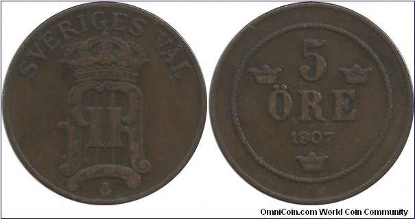 Sweden 5 Öre 1907 - SVERIGES VÄL (Oscar II King of Sweden from 1872 to 1907)