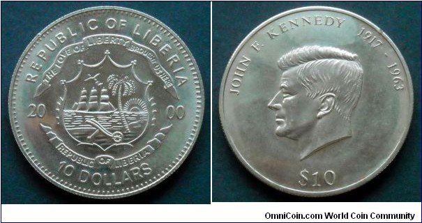 Liberia 10 dollars.
2000, 40th Anniversary of Death of John F. Kennedy.