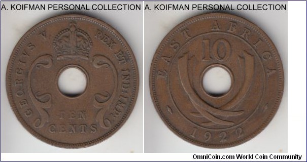KM-19, 1922 East Africa 10 cents, Royal mint ( no mint mark); bronze, plain edge; early George V issue, good fine to very fine.