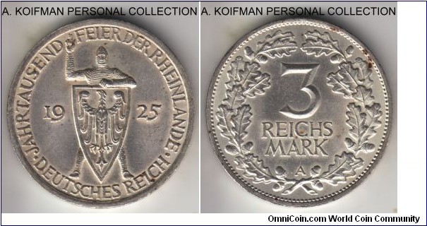 KM-46, 1925 German Weimar Republic 3 reichsmark, Berlin mint (A mint mark); silver, lettered edge; Rhineland commemorative, relatively large mintage, few spots, otherwise about uncirculated to lower grade uncirculated.