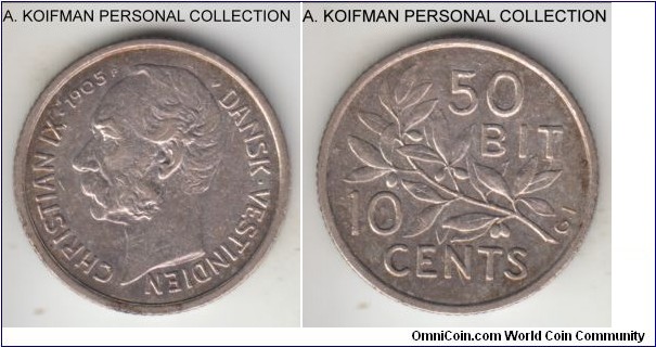 KM-78, 1905 Danish West indies 50 bits 10 cents; silver, reeded edge; small mintage of 175,000. good very fine to extra fine, toned.