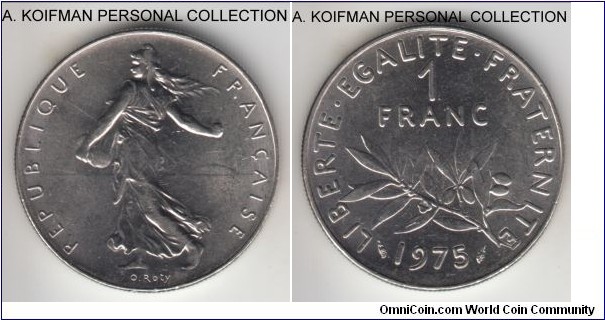 KM-925.1, France franc; nickel, reeded edge; regular circulation strike, good grade, possibly uncirculated.