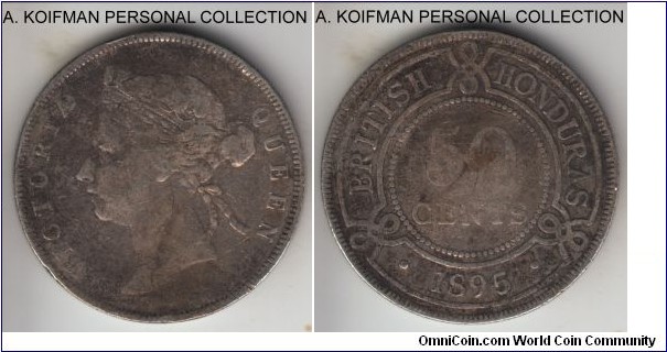 KM-10, 1895 British Honduras 50 cents; silver, reeded edge; Victoria second year of mintage, limited mintage 36,000, naturally toned very good or so.