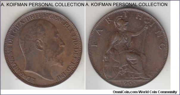 KM-792, 1903 Great Britain farthing; bronze, plain edge; Edward VII, brown about uncirculated.