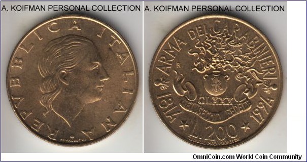 KM-164, 1994 Italy 200 lire, Rome mint (R mint mark); aluminum-bronze, reeded edge; one year type circulation commemorative - Carabinieri 180'th anniversary, bright uncirculated.