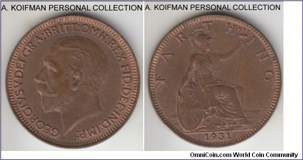 KM-825, 1931 Great britain farthing; bronze, plain edge; later George V issue, mostly brown uncirculated.