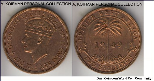KM-29, 1949 British West Africa, King Norton's mint (KN mintmark); nickel-brass, security edge; last George VI type, about extra fine to extra fine, may have been cleaned.