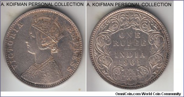 KM-492, 1901 British India rupee, Bombay mint (B mint mark); silver, reeded edge; last Victoria coinage, very fine or about, cleaned.