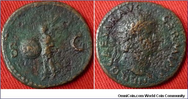 65Ad As NERO CLAVD CAESAR AVG GER P M TR P IMP P P, laureate. S-C, Victory flying left, holding in both hands shield inscribed SPQR.