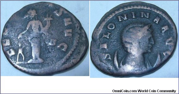 259-268Ad Billon Antoninianus Salonina Wife of Gallienus. FECVNDITAS AVG-Fecunditas, standing, holding cornucopiae, child at feet. Officina letter delta in right field. SALONINA AVG, draped bust on a crescent a