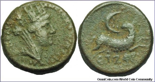 128-129Ad Syria.Seleucis & Pieria Pseudo Autonomouse Issue under Hadrian. Turreted,  bust of Tyche. Ram leaping right, star within crescent and Γ above, ЄT ZOP below. Mint Antioch. 