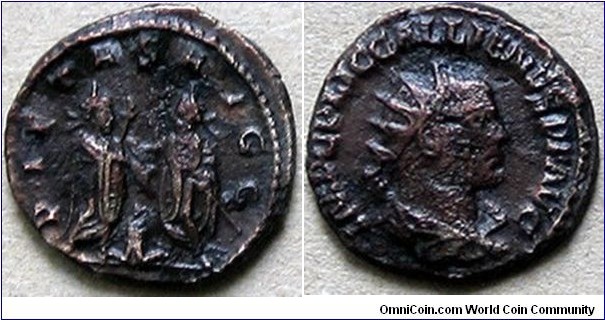 247-258Ad Gallienus joint reign & Valerian. Antoninianus PIETASAVGG - Gallienus & Valerian standing, facing each other, sacrificing over altar. IMPCPLICGALLIENVSPFAVG - Radiate, draped bust