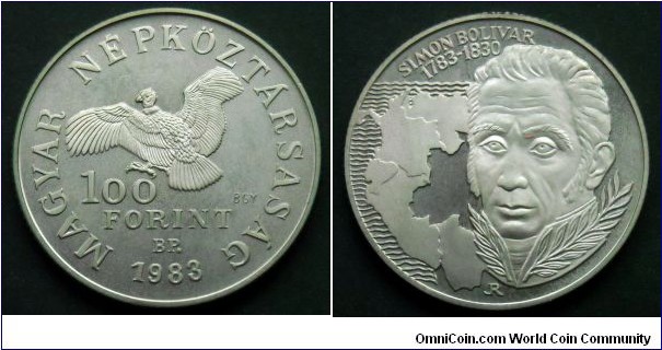 Hungary 100 forint.
1983, Simon Bolivar.
Proof variety. Mintage: 10.000 pieces.