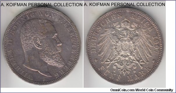 KM-632, 1907 German States Wurttemberg 5 marks, Stuttgart mint (F mint mark); silver, lettered edge; slightly less common year, extra fine or so, good grade.