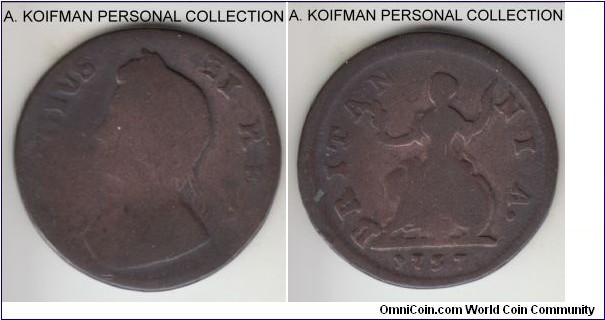 KM-572, 1737 Great Britain farthing; copper; worn but identifiable, small date variety.