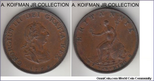 KM-646, 1799 Great Britain farthing, Soho mint; copper, engrailed edge; George III, 3 berries variety, nice extra fine or almost coin.