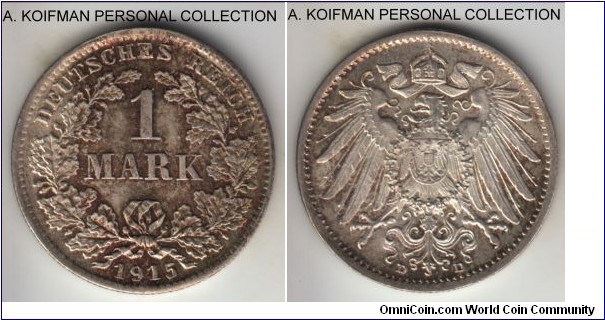 KM-14, 1915 Germany (Empire) mark, Munich mint (D mint mark); silver, reeded edge; common year, toned uncirculated wuth just a few contact marks.