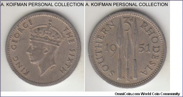 KM-20, 1951 Southern Rhodesia 3 pence; copper-nickel, plain edge; late George VI coinage, somewhat scarcer year althogh the mintage was quite high, decent circulated grade, very fine to good very fine.