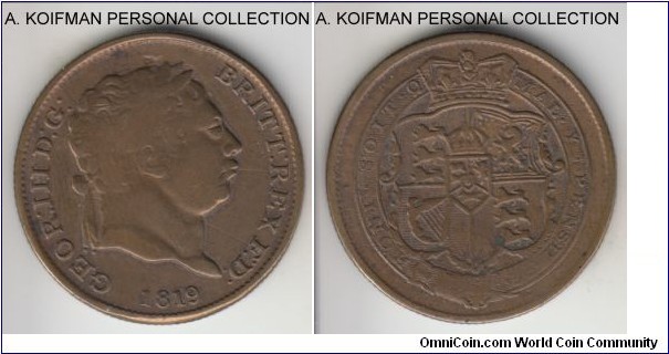 KM-666, 1819 Great Britain shilling; copper, reeded edge; George III contemporary counterfeit shilling.