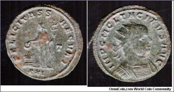 275-276Ad Billon antoninianus Emperor Tacitus. FELICITAS SAECVLI, Felicitas standing, sacrificing from a patera over a lighted altar.T in right field. Exergue XXI. IMP C M CL TACITVS AVG. Radiate, draped bust