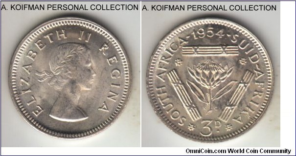 KM-47, 1954 South Africa (Dominion) 3 pence; silver, plain edge; early Elizabeth II issue, bright white with just a hint of obverse toning, uncirculated.