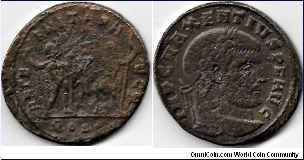 309Ad Maxentius Follis.  AETERNITAS AVG N, the Dioscuri Castor and Pollux standing facing each other, each holding sceptre and holding a horse by the bridle. IMP C MAXENTIVS P F AVG, laureate bust right. Mintmark MOSTQ = Ostia