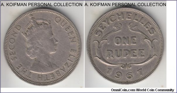 KM-13, 1967 Seychelles rupee; copper-nickel, reeded edge; scarce mintage of 10,000, well circulated good fine to about very fine.