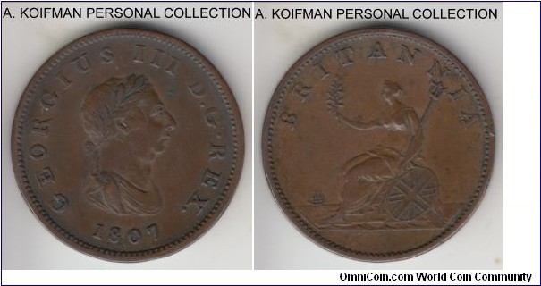 KM-662, 1807 Great Britain 1/2 penny; copper, engrailed edge; George III two year type, decent very fine specimen.