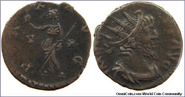 268-270Ad Victorinus Antoninianus. PAX AVG, Pax standing left, holding branch and sceptre. V-star across fields. IMP C PIAV VICTORINVS AVG, radiate draped bust right.