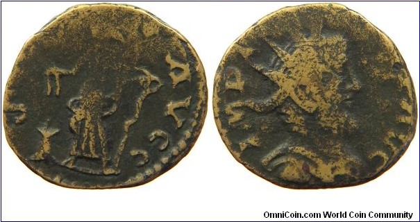 270-273Ad Tetricus I. Antoninianus. SALV AVGG, Salus standing left, holding wreath and rudder. IMP C TETRICVS PF AVG, radiate, draped, cuirassed bust right.
