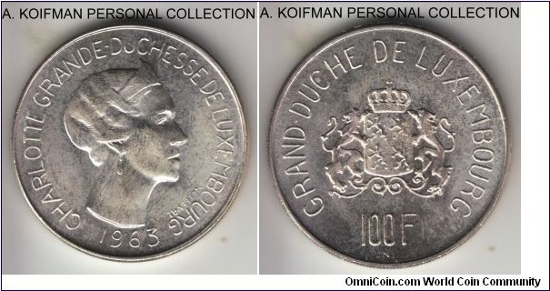 KM-52, 1963 Luxembourg 100 francs, Grand Duchess Charlotte, mintage 50,000, toned uncirculated.