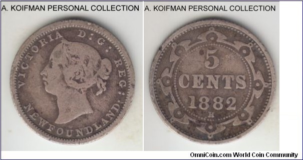 KM-2, 1882 Newfoundland 5 cents, Heaton mint (H mint mark); silver, reeded edge; Victoria, 60,000 minted, naturally toned fine or almost,a small rim nick.