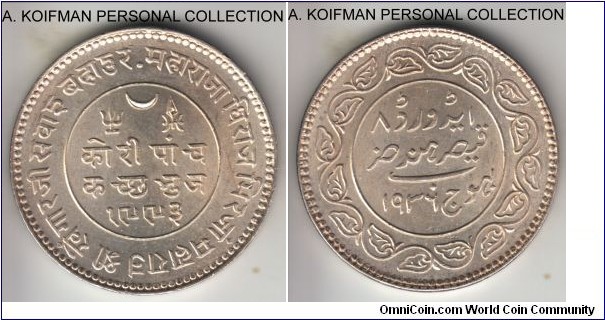 Y#67, VS1993/1936 Kutch Indian State 5 kori; silver, lettered edge with *KUTCH* and *BRUJ* with additional Hindu inscription; Edward VIII issue for Khengarji III ruler, nice bright uncirculated.