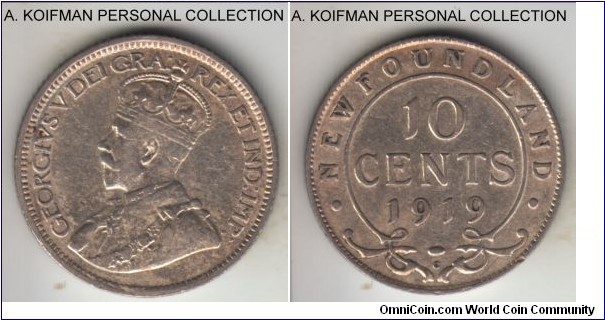 KM-14, 1919 Newfoundland 10 cents, Ottawa mint (C mint mark); silver, reeded edge; George V mintge, very scarce year in decent grades due to low mintage of just 54,342 pieces, about very fine but cleaned sometime in the past.