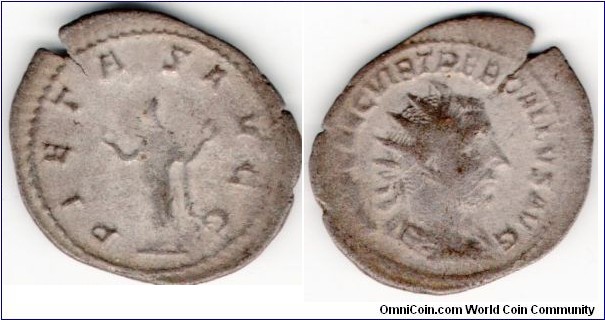 251-253Ad. Trebonianus Gallus Antoninianu.  PIETAS AVGG, Pietas, veiled, standing left, raising both arms. IMP CAE C VIB TREB GALLVS AVG, radiate, draped bust.